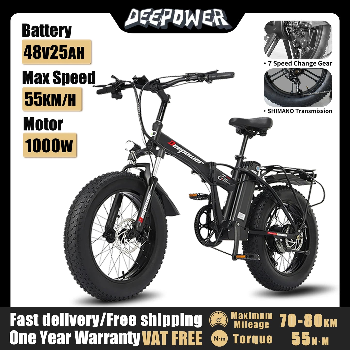 G20 Electric Bicycle 48V 1000W 25AH Fat Tire